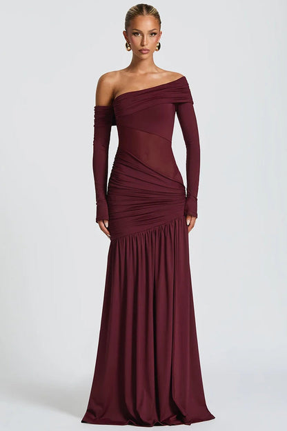 Off-Shoulder Long Sleeve Backless Thigh Split Maxi Dress