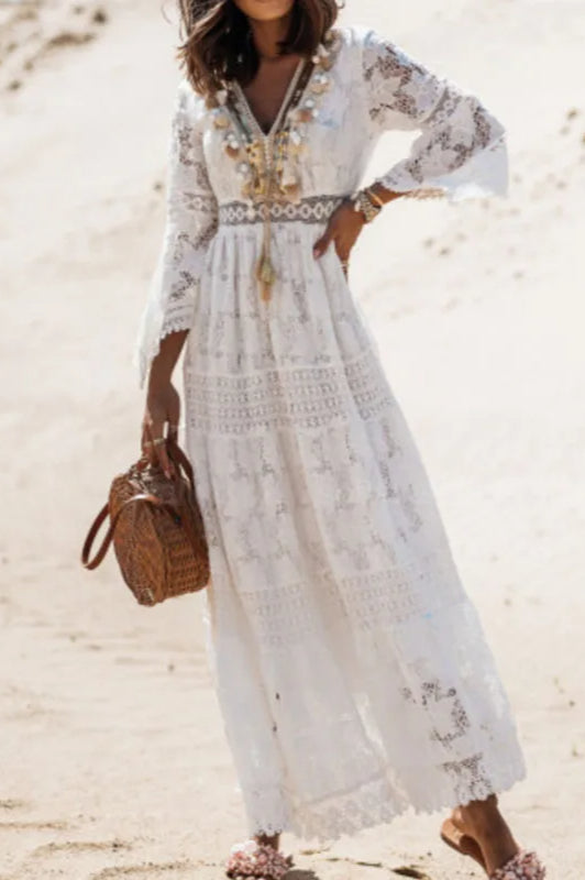 Lace V Neck Hollow Boho Dress White / S