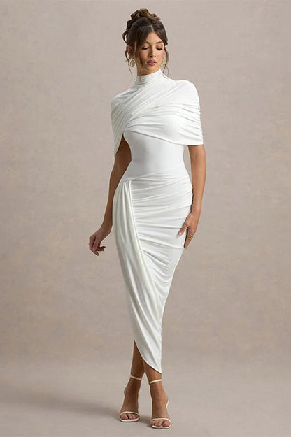 Solid High Neck Pleated Slim Waist Maxi Dress