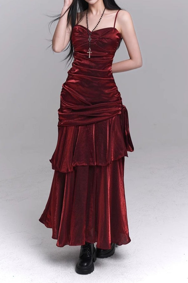 Asymmetrical Burgundy Ruffled Cami Party Dress