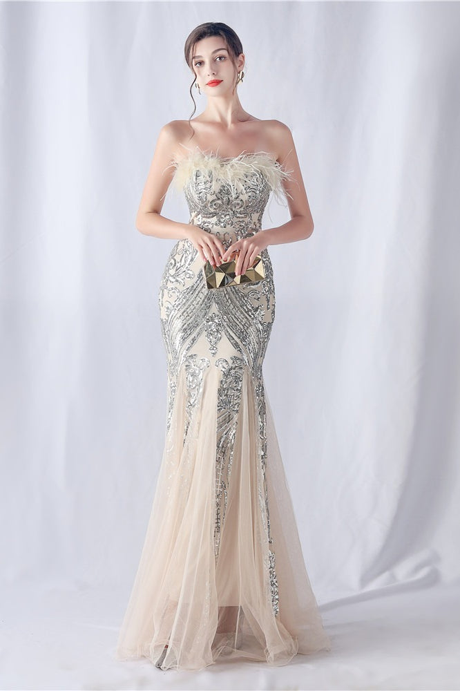 Ostrich Feather Sequin Evening Party Dress