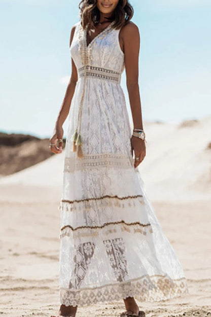 Lace V Neck Hollow Boho Dress