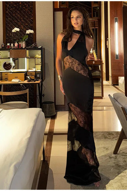 Vintage Lace Long Evening Boho Dress Black / S