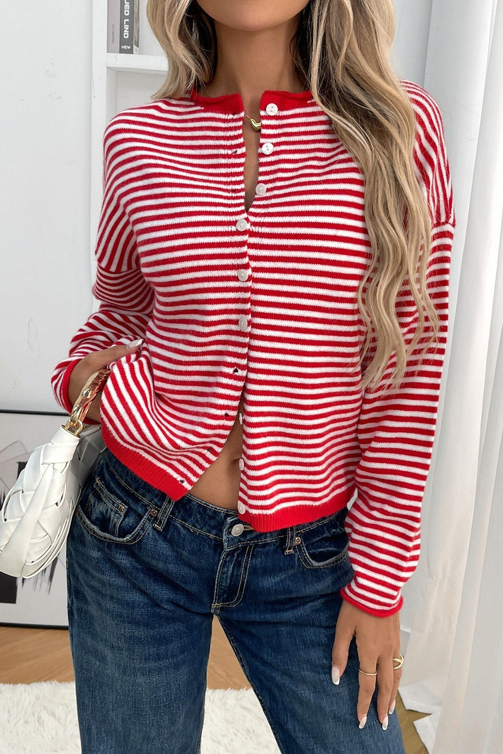 Striped Knit Round Neck Cardigan