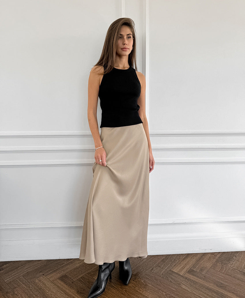 Sleek Satin Skirt - Khaki