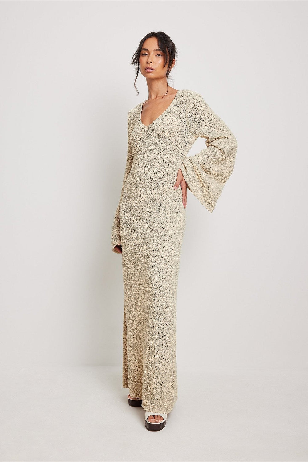 Casual Solid Maxi Sweater Dress S / Beige