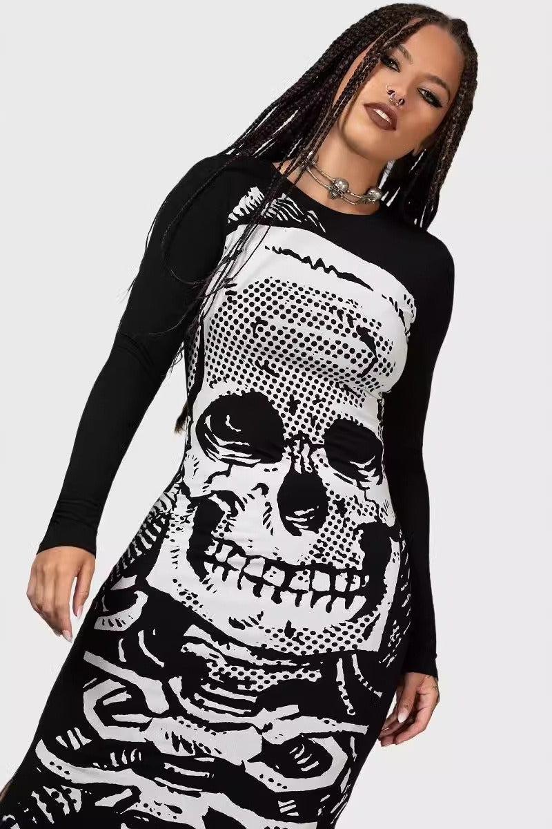 Gothic Skull Long Sleeve Slit Dress