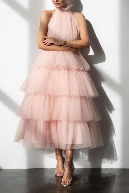 Blue Tiered Ruffle Mesh Party Dress XS / Pink