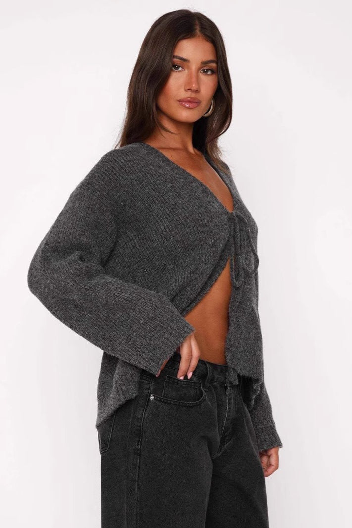 V Neck Tie Front Knit Cardigan Sweater