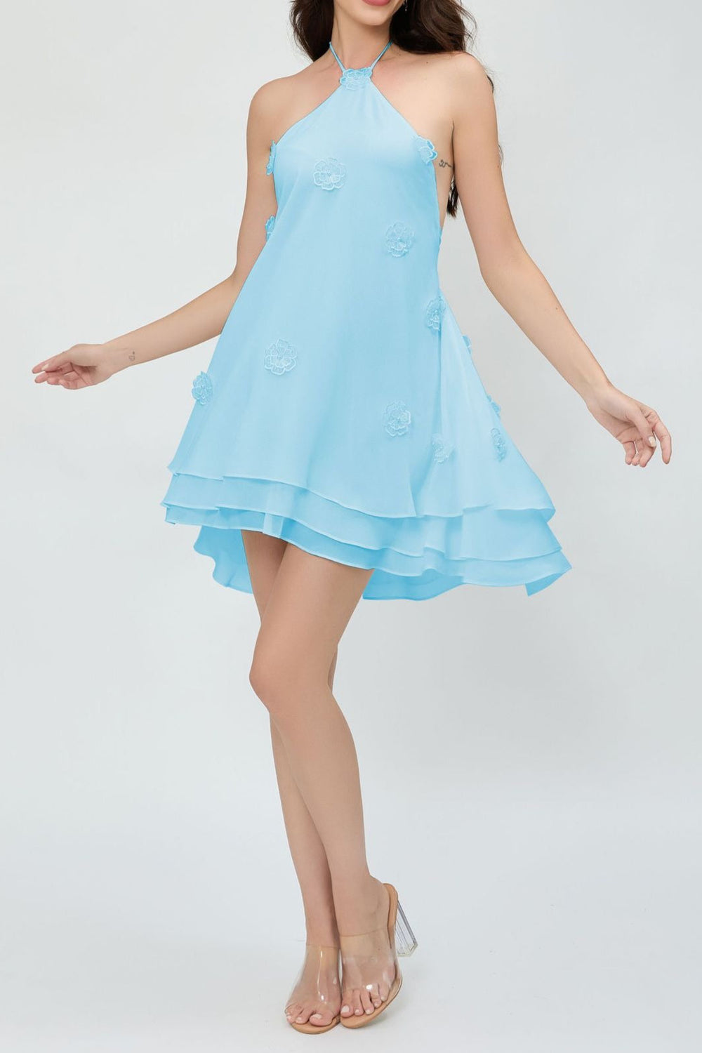 3D Floral Chiffon Halter Cocktail Dress