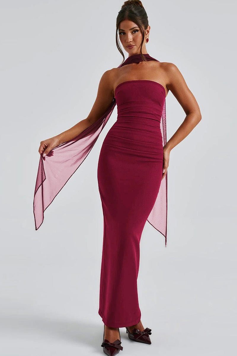 Sheer Sleeve Bustier Gown Formal Dress S / Red