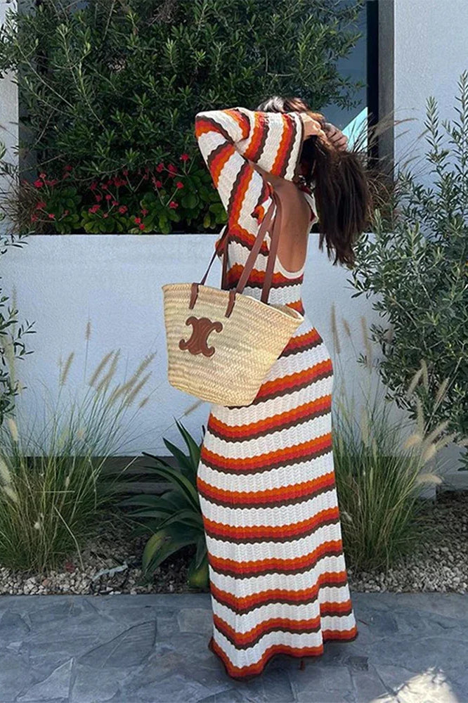 Striped Contrast Knit Hollow Out Long Sleeve Maxi Dress
