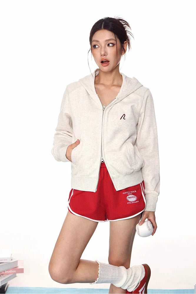 Loose Fit Long Sleeve Zipper Hoodie Ivory / S