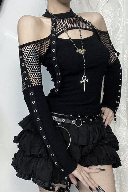 Mesh Patchwork Off Shoulder T-Shirt