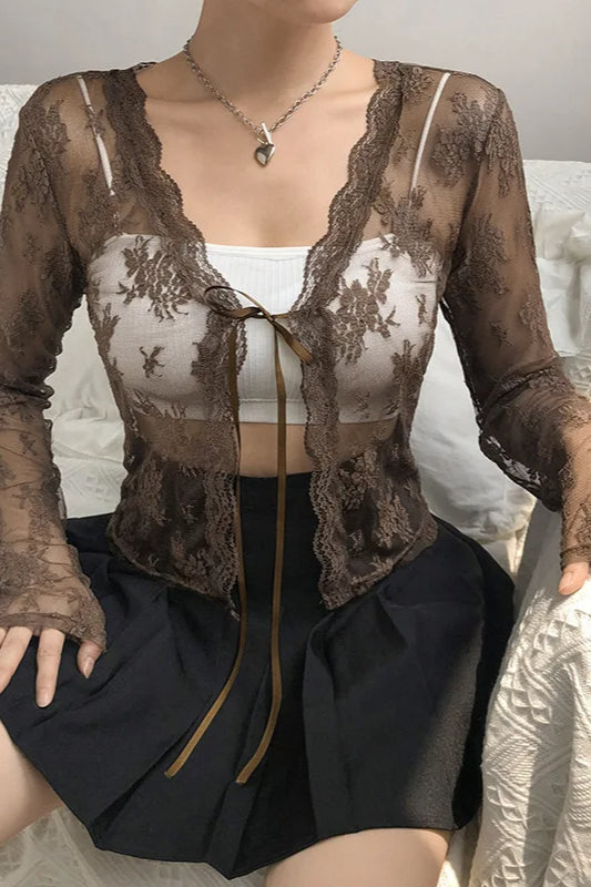 Lace Tie Front Sheer Crop Cardigan