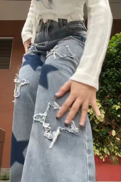 Vintage Star Print Wide Leg Jeans