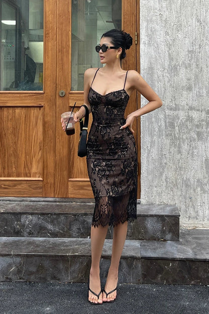 Lace Strap Slim Midi Dress
