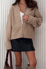 Casual Solid Color Zip-Up Loose Fit Knit Sweater