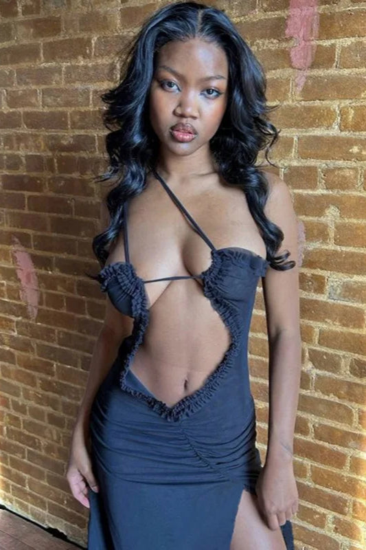 Asymmetric Ruched Cut Out Sleeveless Maxi Dress