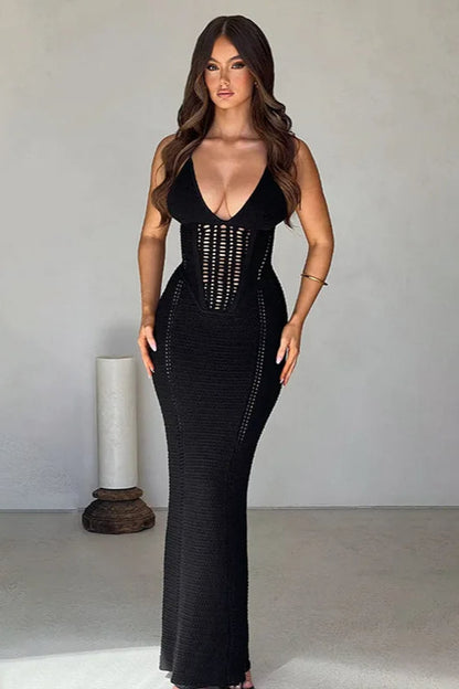 Knitted Hollow Out Sleeveless Bodycon Maxi Dress