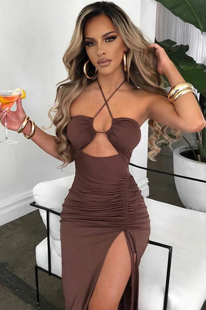 Sexy Halter Backless Cut Out Slit Maxi Dress