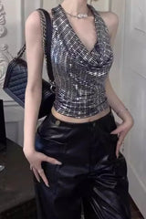 Sequin Halter Backless Crop Top