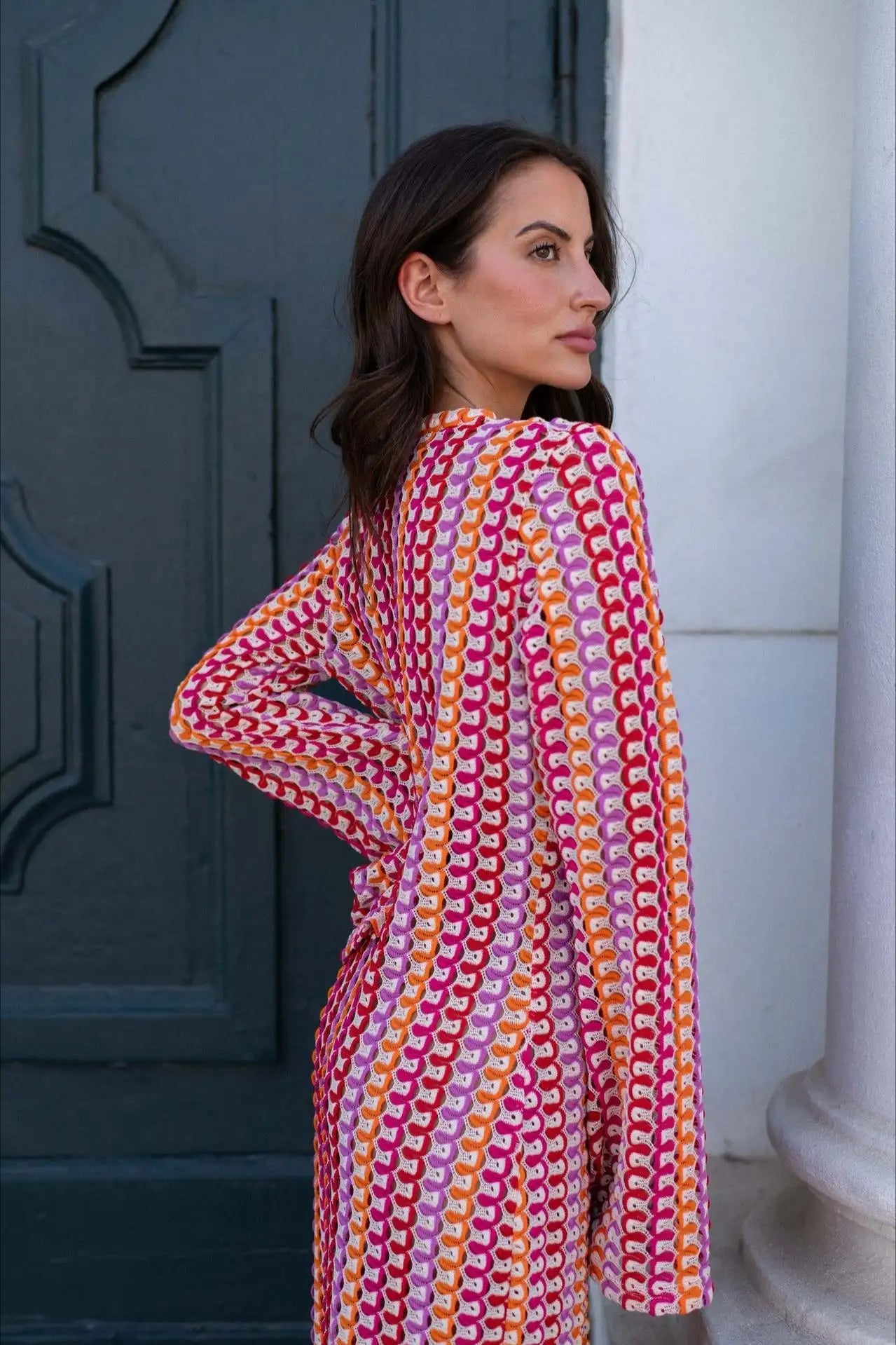 Crochet Colorful Stripe V-Neck Flare Sleeve Maxi Dress