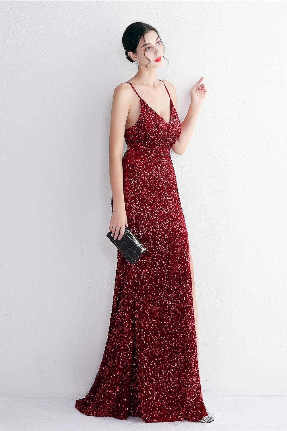 Elegant Velvet Sequin Party Dress Red / S