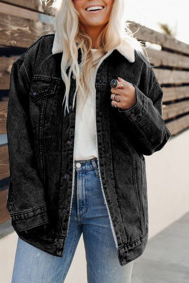 Fleece Lined Denim Bomber Jacket