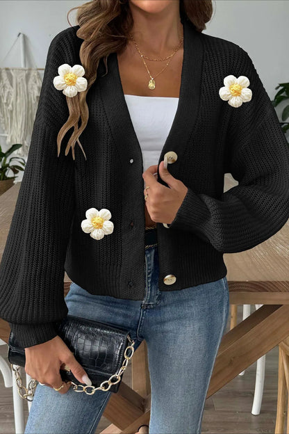 Short Floral Knit Long Sleeve Cardigan Black / S