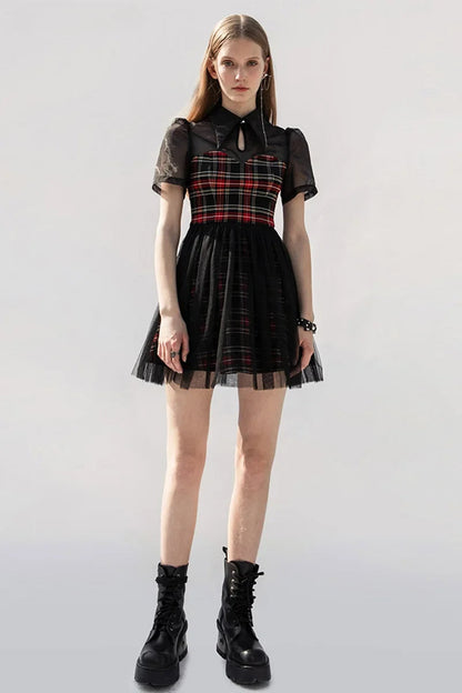 Gothic Lace Spliced Plaid Sexy A-Line Short Sleeve Dress