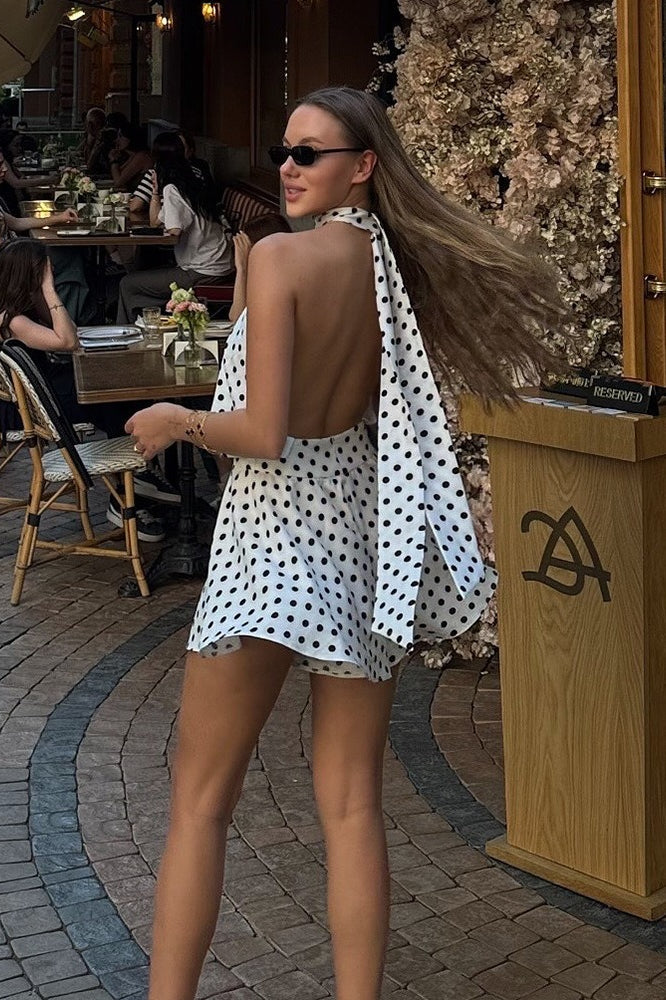 Sexy Polka Dot Halter Backless Tie Mini Dress
