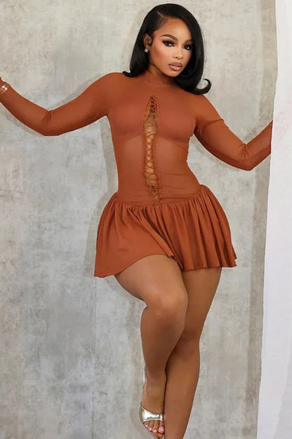 Pleated Mesh Full Sleeve Mini Dress