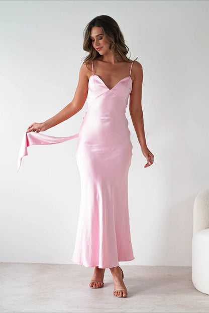 Satin Backless Tie Party Dress S / Pink