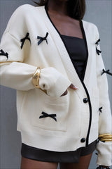 Bow Detail V-Neck Cardigan White / S
