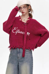 Red Embroidered Raw Edge Wool Blend Sweater