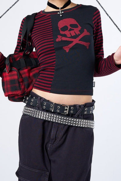 Gothic Skull Stripe Crop T-Shirt