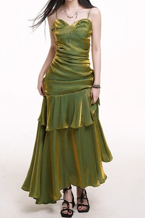 Asymmetrical Burgundy Ruffled Cami Party Dress S / Green