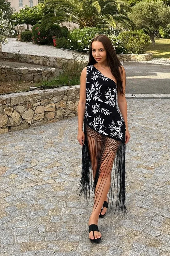 Printed Tassel Patchwork Midi Dress