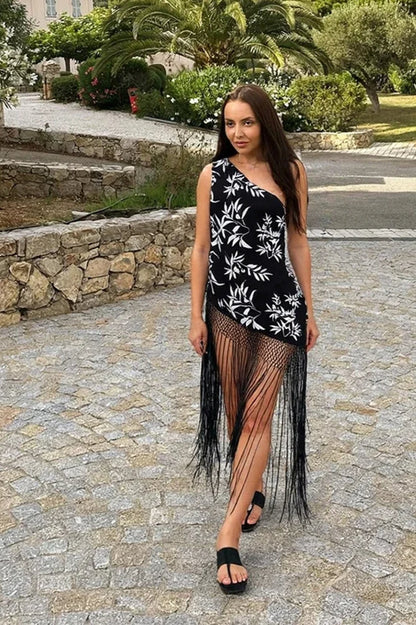 Printed Tassel Patchwork Midi Dress