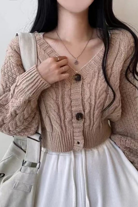 Knitted Open Front V Neck Slim Cardigan One Size / Khaki