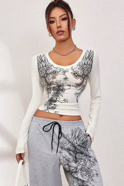 Dark Gothic Wing Print Long Sleeve T-Shirt