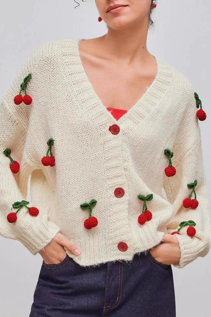 Cherry Embroidered Knit Cardigan Sweater White / S