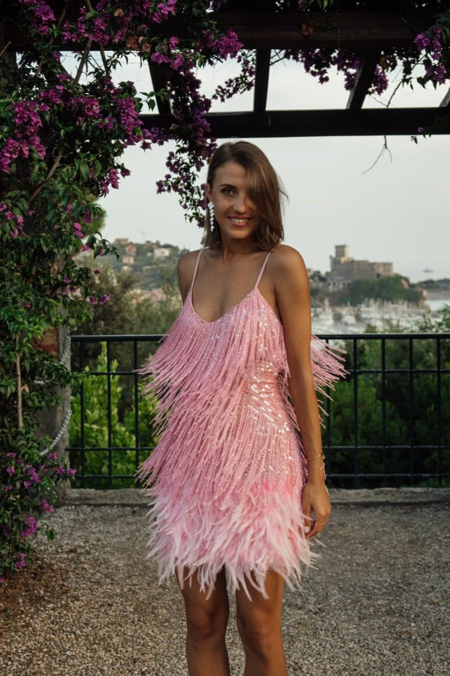 Feather Trim Sequin Cami Party Dress