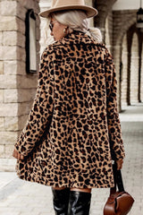 Leopard Print Notch Lapel Plush Overcoat