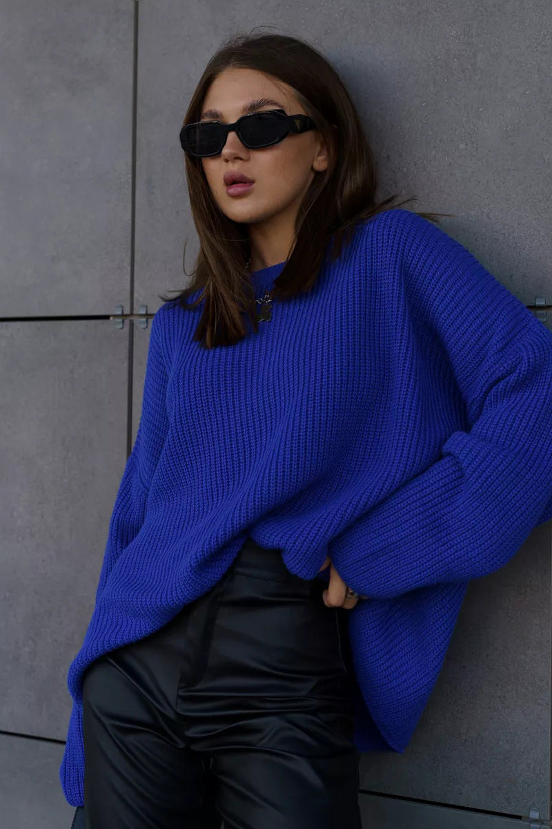 Solid Knit Crewneck Pullover Sweater S / Blue