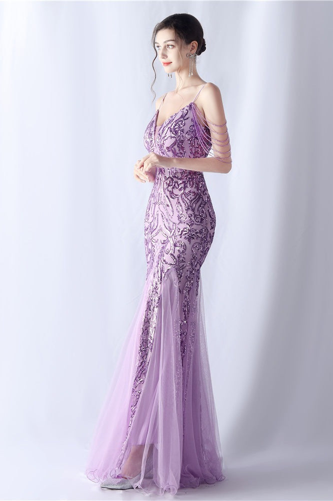 Beaded Mesh Cocktail Maxi Dress Purple / S