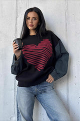 Heart Pattern Crewneck Denim Sweater