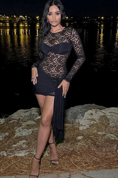 Sheer Lace Bandage Mini Dress