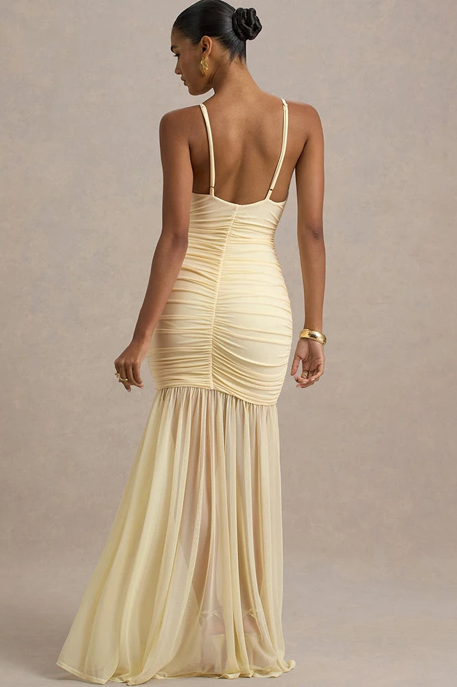 Patchwork V-Neck Ruched Backless Maxi Dress